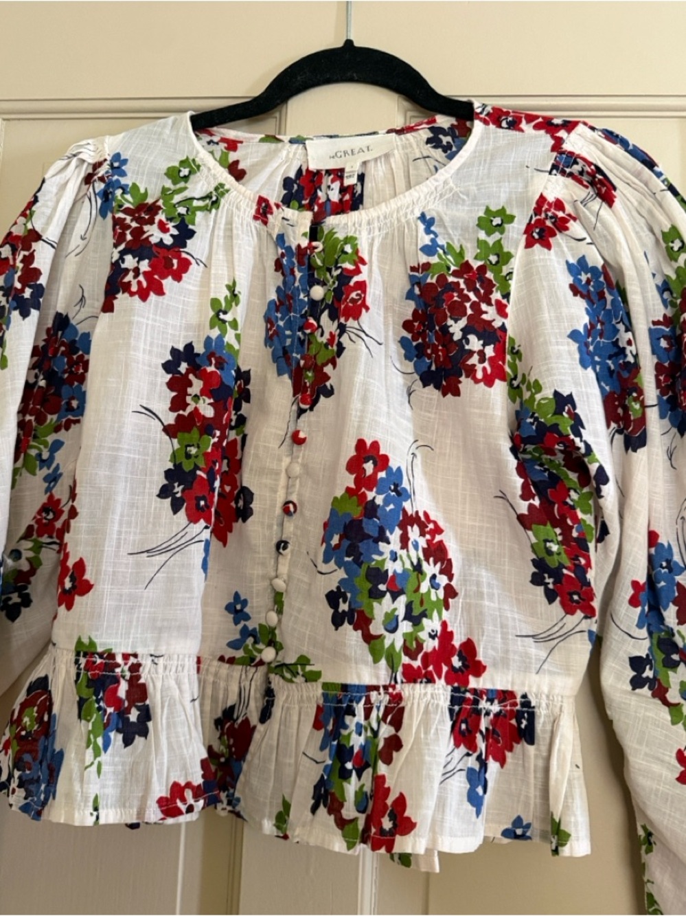 THE GREAT. White Floral Blouse with Red, Blue and Green Print